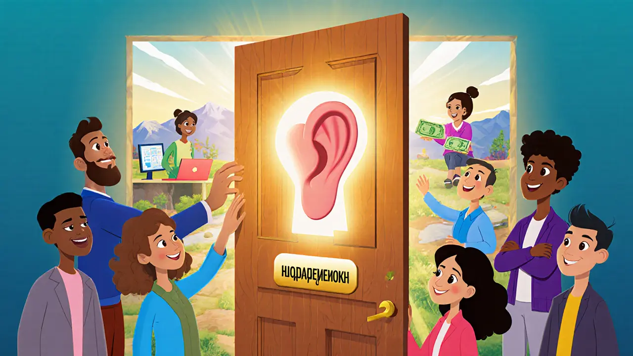 Ключ в форме уха открывает дверь с возражений, за которой — люди, достигшие успеха.