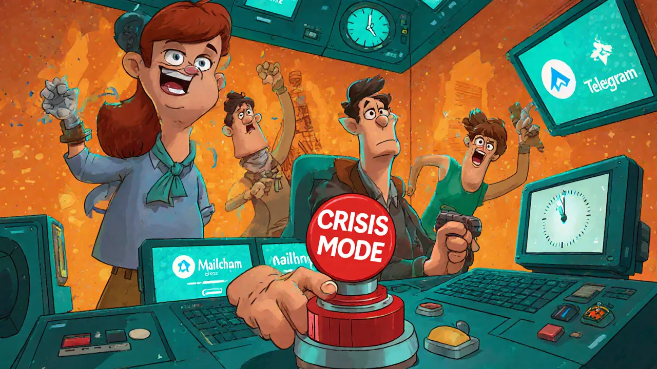 Команда персонажей управляет панелью управления кризисом с инструментами Telegram, Mailchimp и Canva.