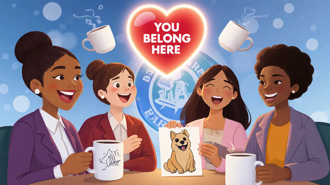 Команда преподавателей на виртуальном кофе-брейке, над ними — значок &#039;Ты здесь нужен&#039;, атмосфера тепла и принятия.