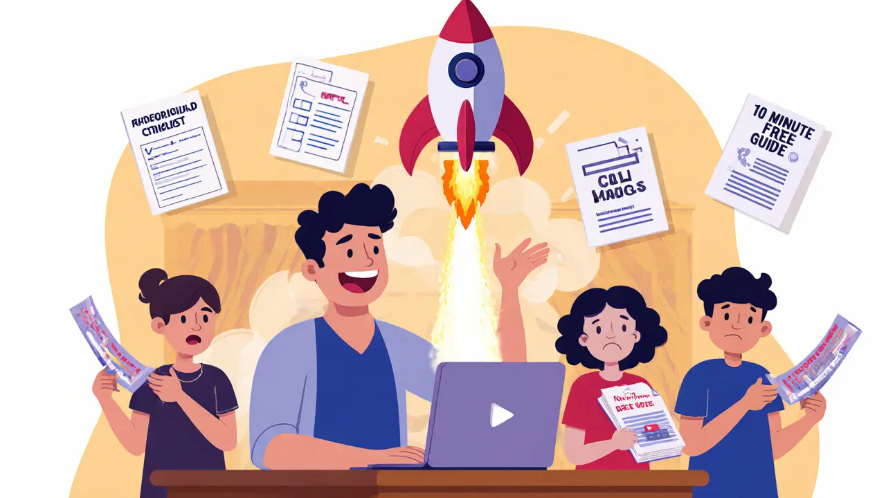 Мини-курс превращается в ракету, вылетающую из ноутбука, вокруг — разрушающиеся бесплатные гайды.