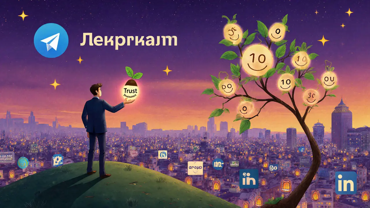 Предприниматель сажает семя доверия, которое превращается в дерево с 10 клиентами-листьями под закатом.