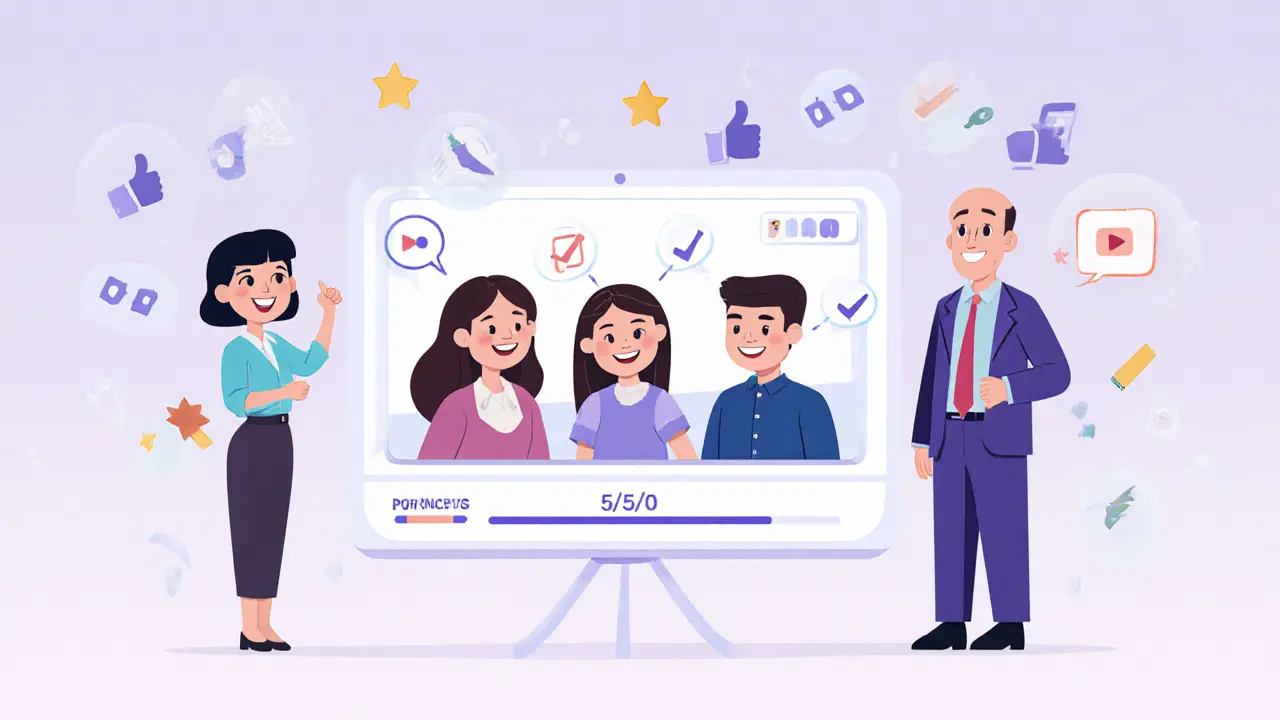 Преподаватель ведет вебинар, наставник одобряет, вокруг — значки выполненных задач и спокойная атмосфера.