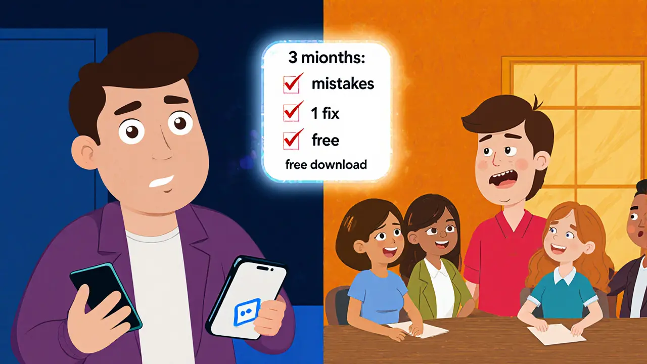 Сравнение: новичок с телефоном и опытный ведущий с живой аудиторией в стиле мультфильма.