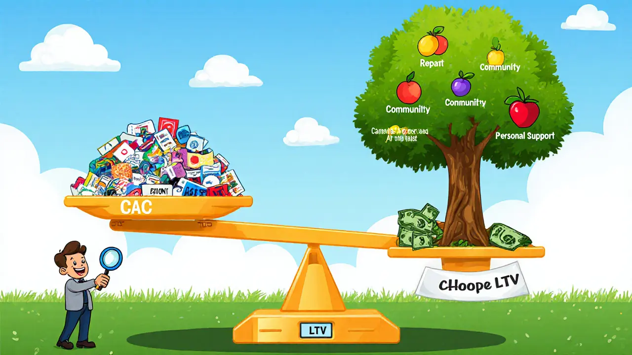 Весы: с одной стороны — реклама, с другой — дерево с плодами повторных покупок и поддержки.