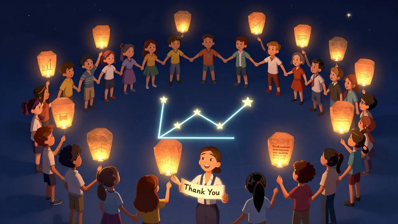 25 students releasing personalized paper lanterns into the night sky during a digital graduation ceremony.