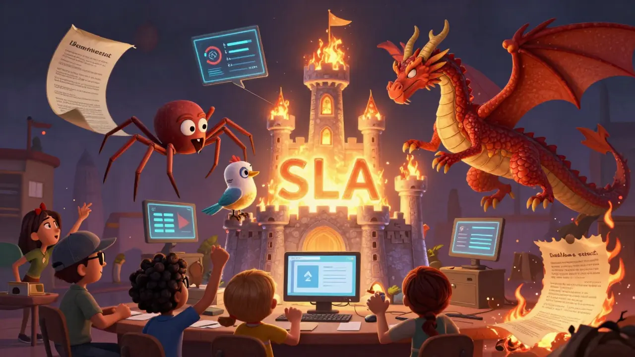 Анимированные инструменты строят замок SLA над онлайн-школой, студенты радуются, а старый договор горит в углу.