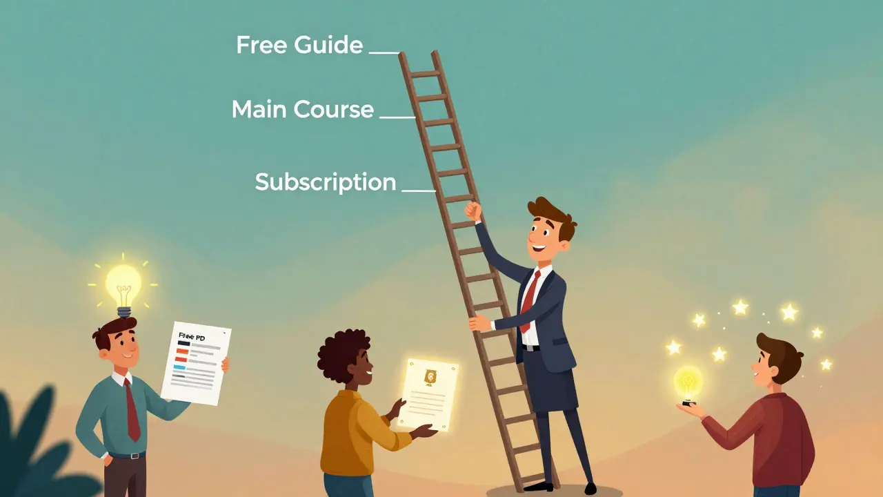 Бизнесмен держит волшебную лестницу, по которой клиенты поднимаются к подписке.