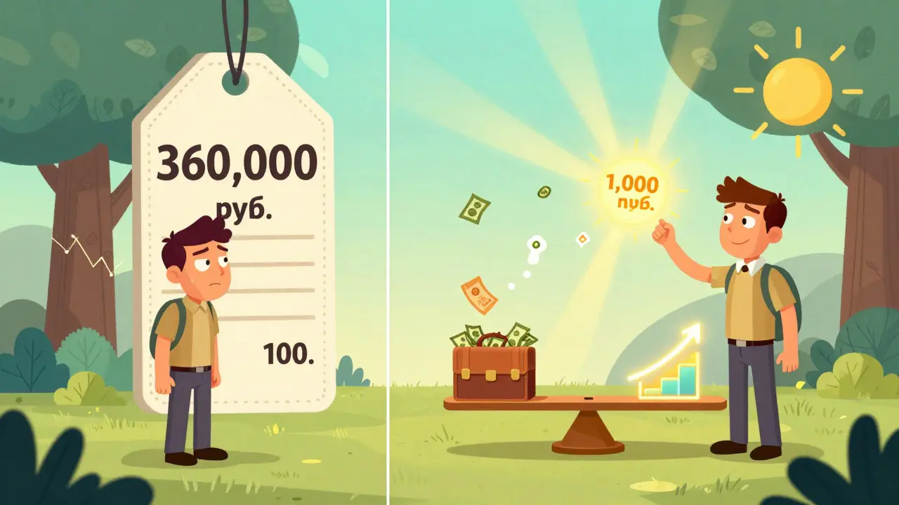 Цена 360 000 рублей разбивается на ежедневные 1 000 рублей, клиент улыбается, видя простоту инвестиции.