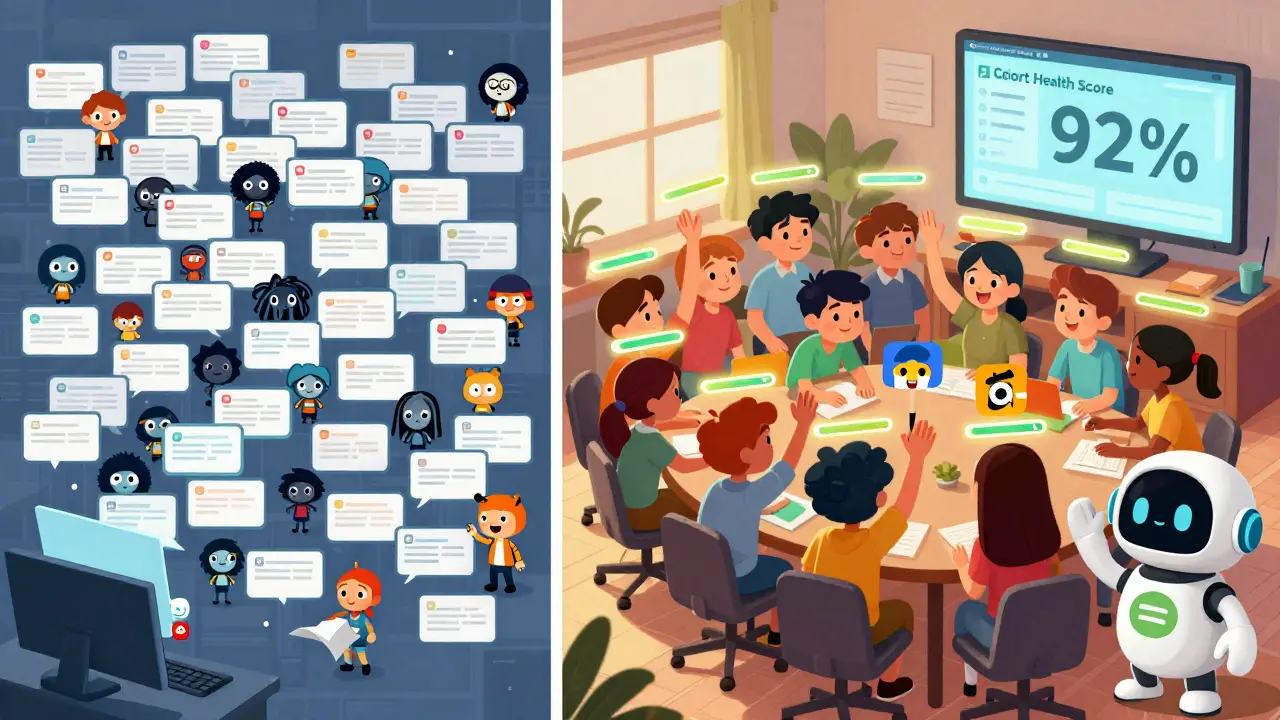 Contrasting scenes: chaotic overcrowded virtual room vs. organized, happy group with glowing progress bars and chatbot.