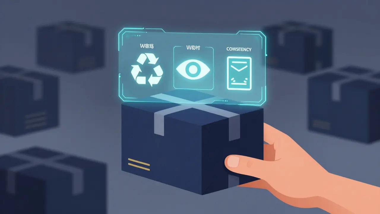 Футуристическая AR-модель упаковки с символами устойчивости и последовательности, остальные упаковки исчезают.