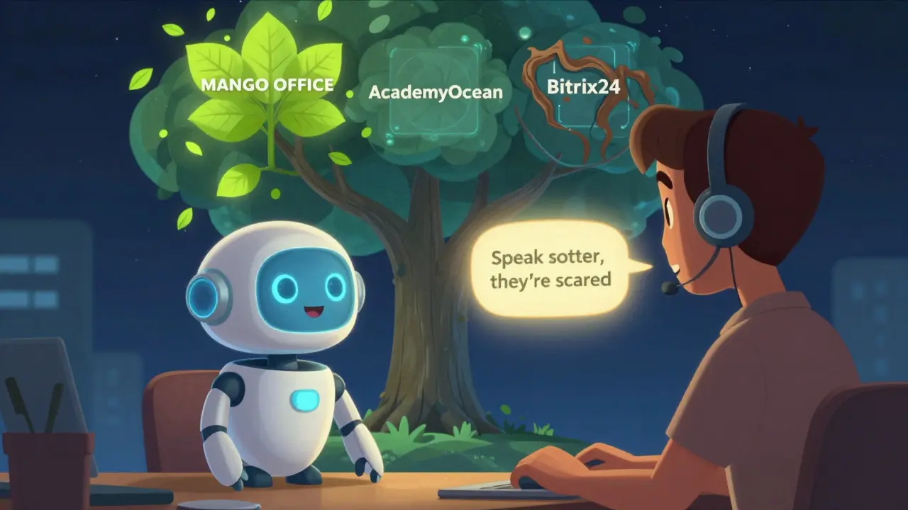 ИИ подсказывает оператору, как мягче говорить с клиентом, вокруг — растущее дерево образовательных систем, в стиле DreamWorks.