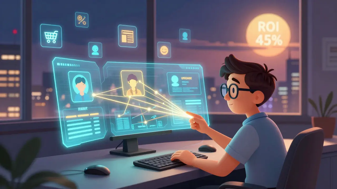 Инфобизнесмен наблюдает за данными клиентов на голографических панелях в уютной комнате.