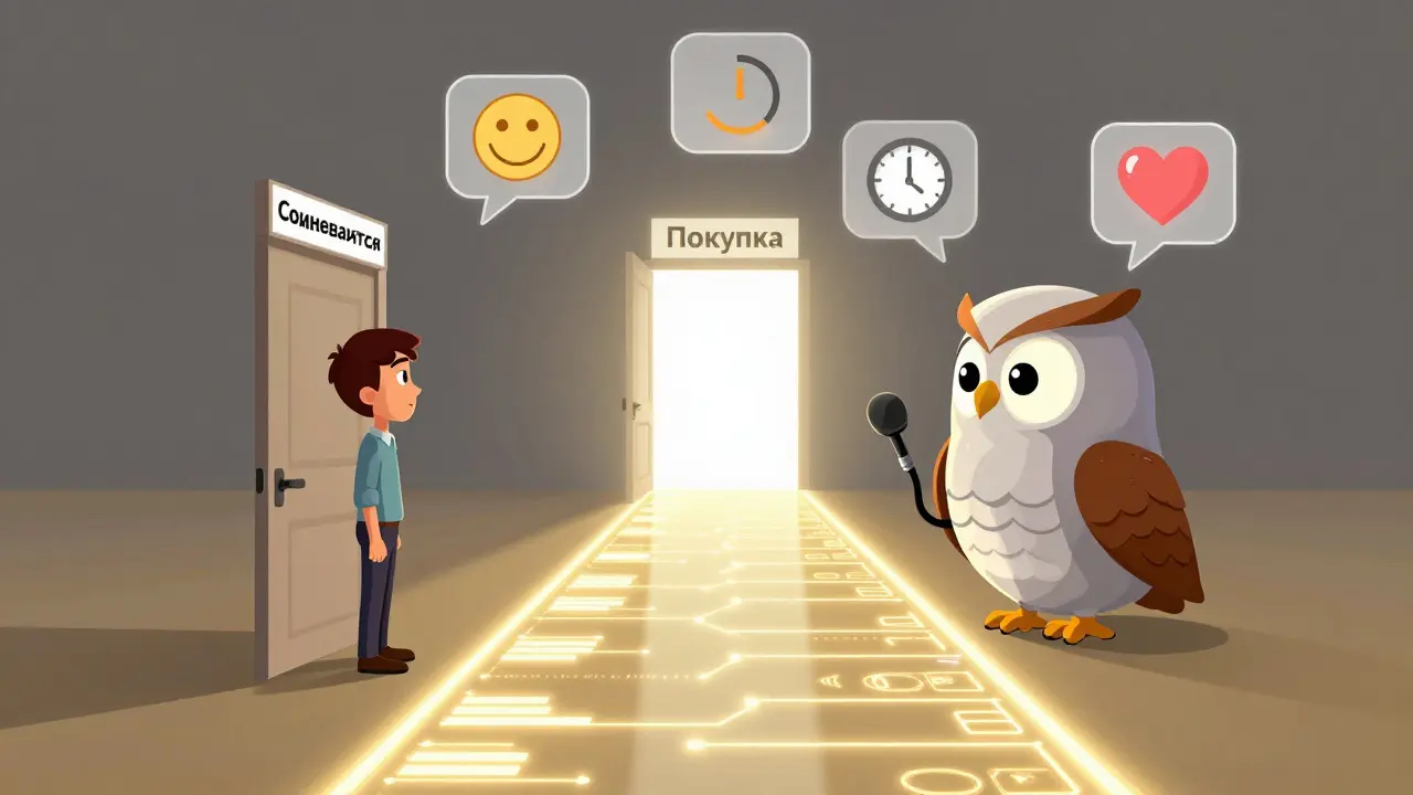 Клиент идёт по светящемуся пути от сомнений к покупке, его ведёт мудрый бот-сова с эмоциональными подсказками.