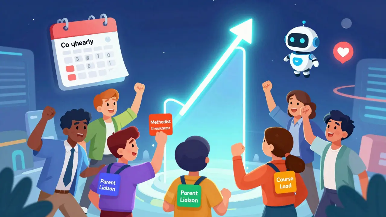 Команда онлайн-школы отмечает прогресс по плану замещения с помощью цветных значков и цифрового календаря.