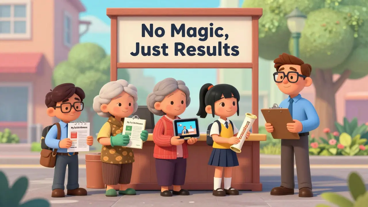 Люди получают микропродукты от предпринимателя у ларька с табличкой 'Нет магии, только результат'.