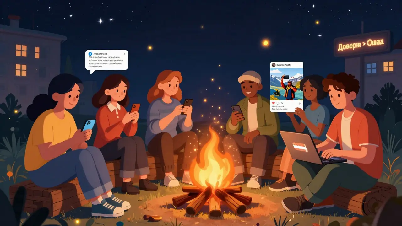 Люди в России смотрят на разные рекламные посты блогеров у костра, над ними парят метки UTM и хэштеги, символизируя доверие и результаты.