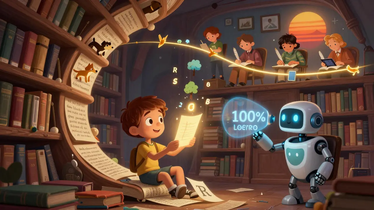 Мальчик держит письмо, из которого выходят ожившие образы, а робот анализирует его текст.