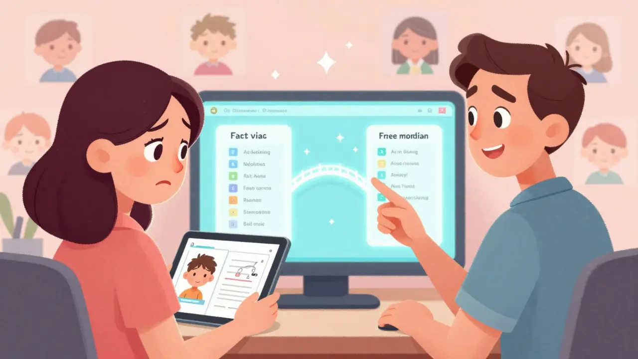 Мать и оператор соединены цифровым мостом, показывающим персональный учебный план, в мультяшном стиле DreamWorks.