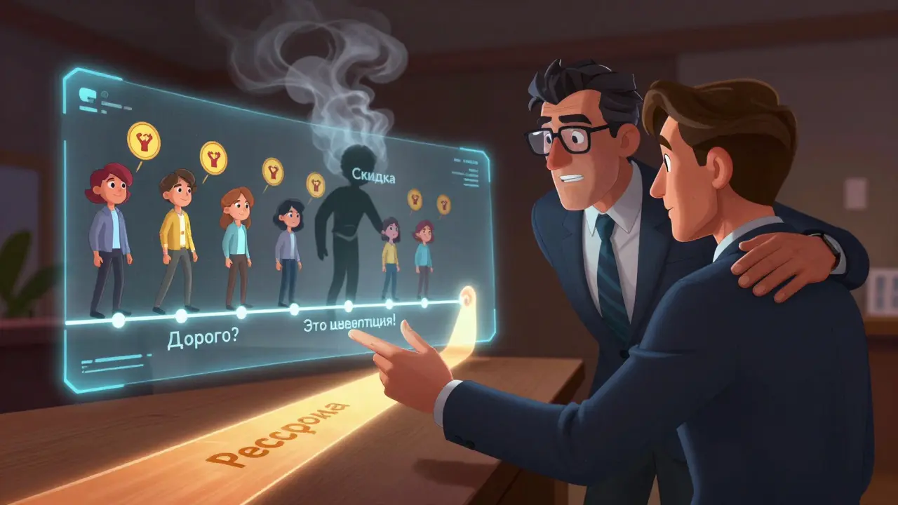 Наставник поддерживает клиента, показывая путь от сомнений к уверенности, а скидка исчезает в дыму.