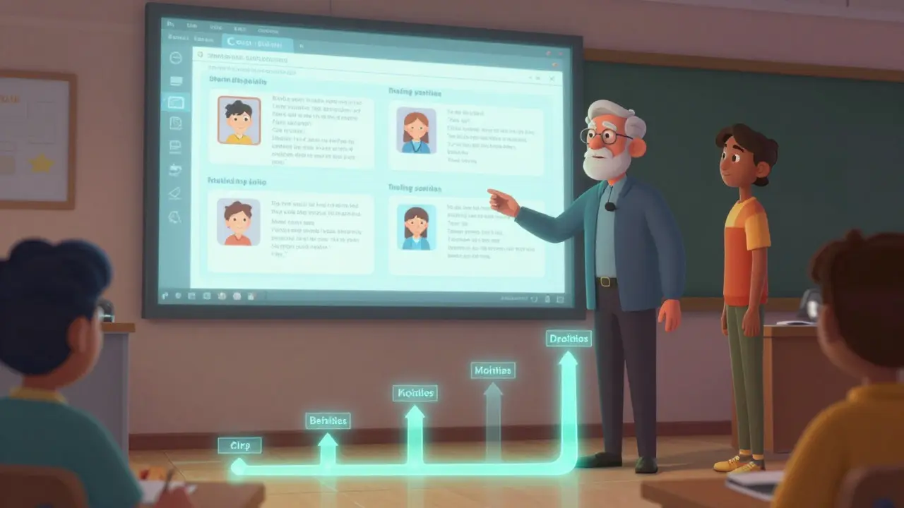 Наставник показывает молодому сотруднику путь развития через цифровые этапы обучения.