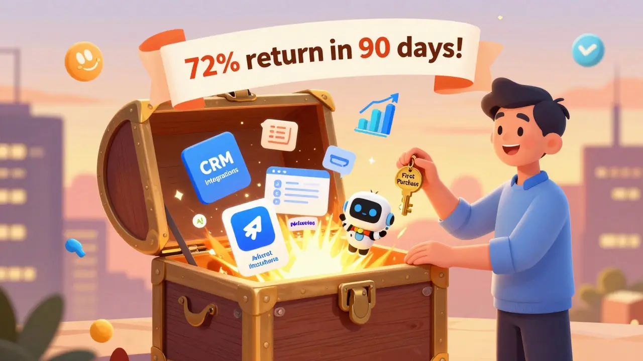 Покупатель открывает сундук с дополнениями, вокруг танцуют графики роста и цифры конверсии.