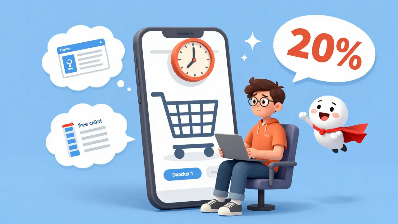 Пользователь смотрит на корзину с таймером, пока над ним летит реклама со скидкой.