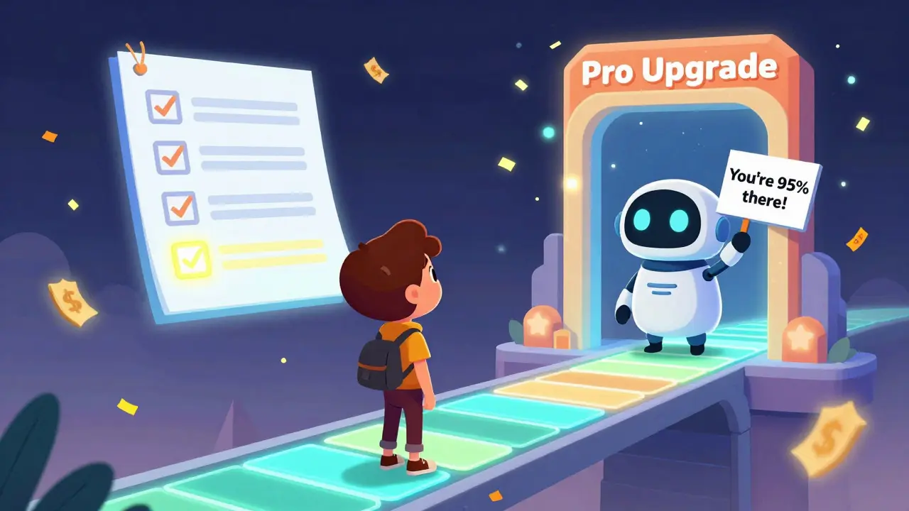 Пользователь стоит у моста прогресса, ИИ-бот подсказывает, что до платной версии осталось немного.