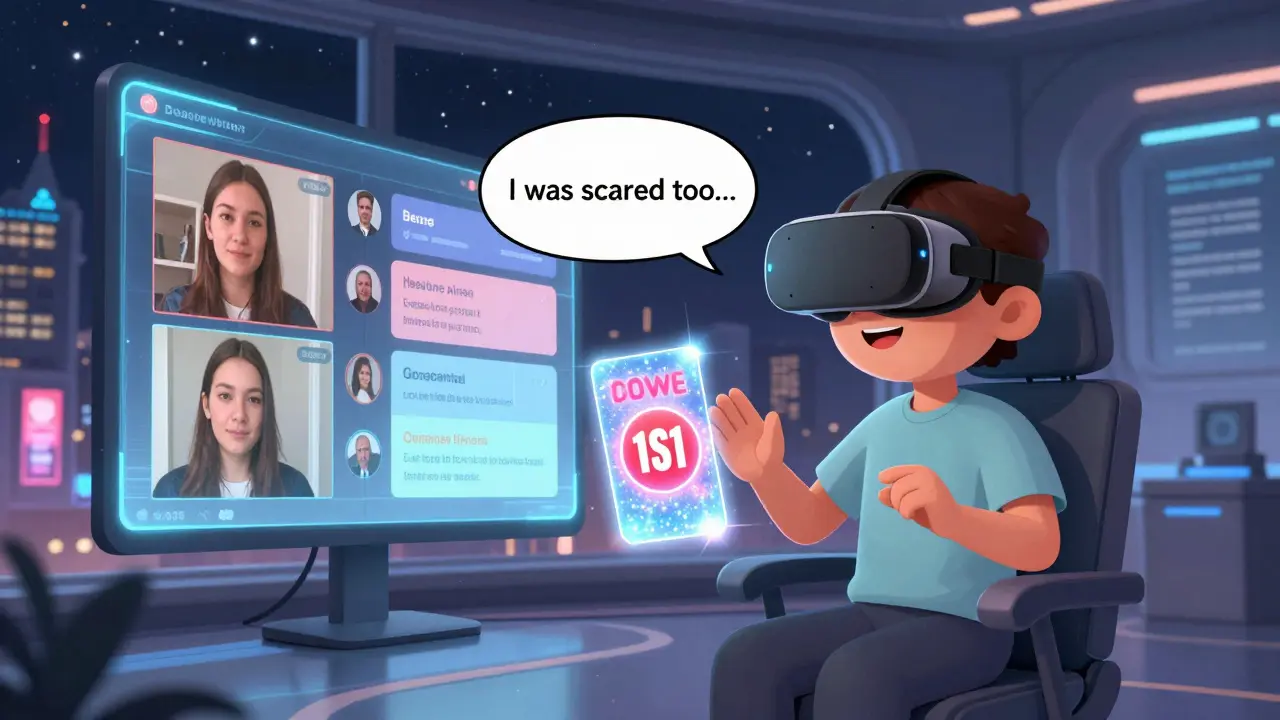 Пользователь в VR-комнате смотрит вебинар, рядом — анимированный друг, который говорит: 'Я тоже боялся...'