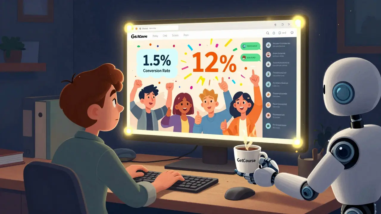 Предприниматель смотрит на скучный сайт, пока волшебный реплей с 12% конверсией оживает рядом.