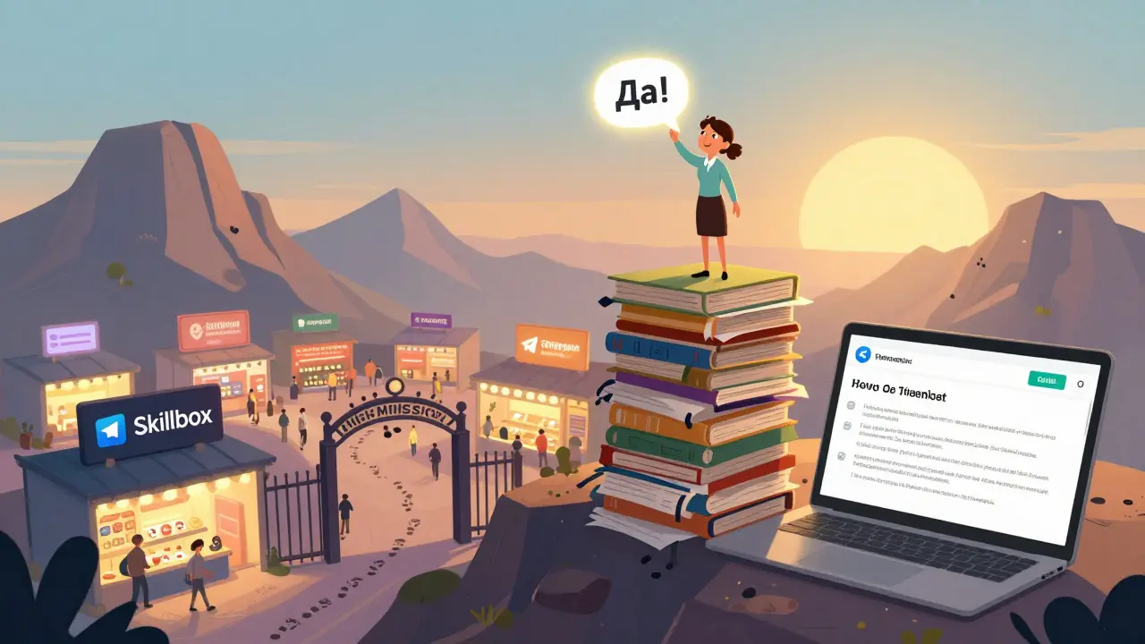 Преподаватель на вершине горы из неудач, смотрит на растущую аудиторию в Telegram, символизируя успех без комиссий.