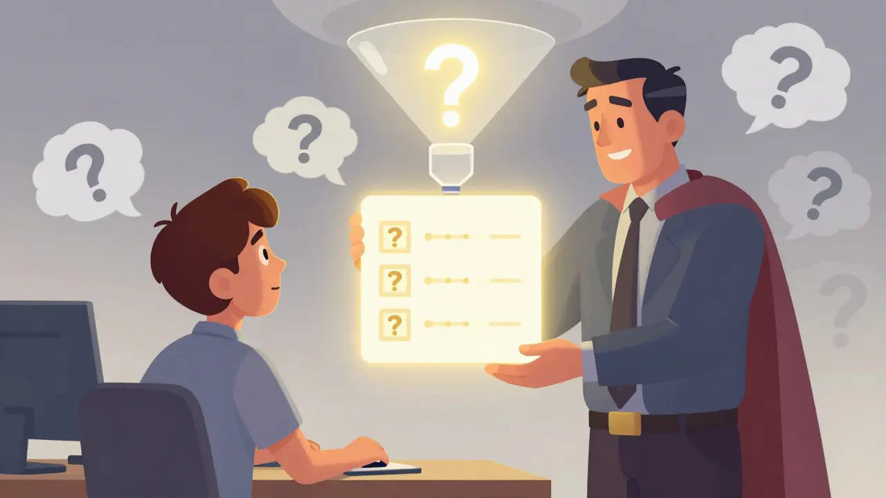 Продавец помогает колеблющемуся клиенту понять выбор с помощью светящейся диаграммы