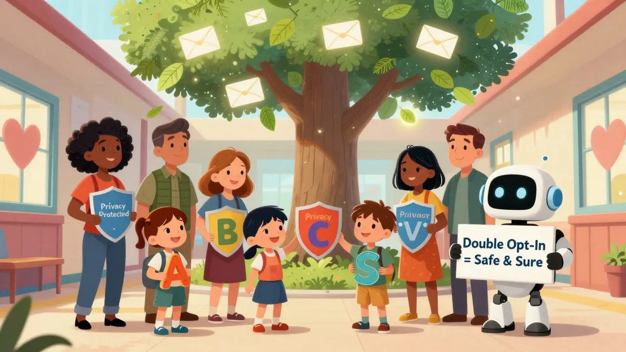 Семьи в школе получают письма, превращающиеся в щиты защиты приватности, рядом с дружелюбным роботом.