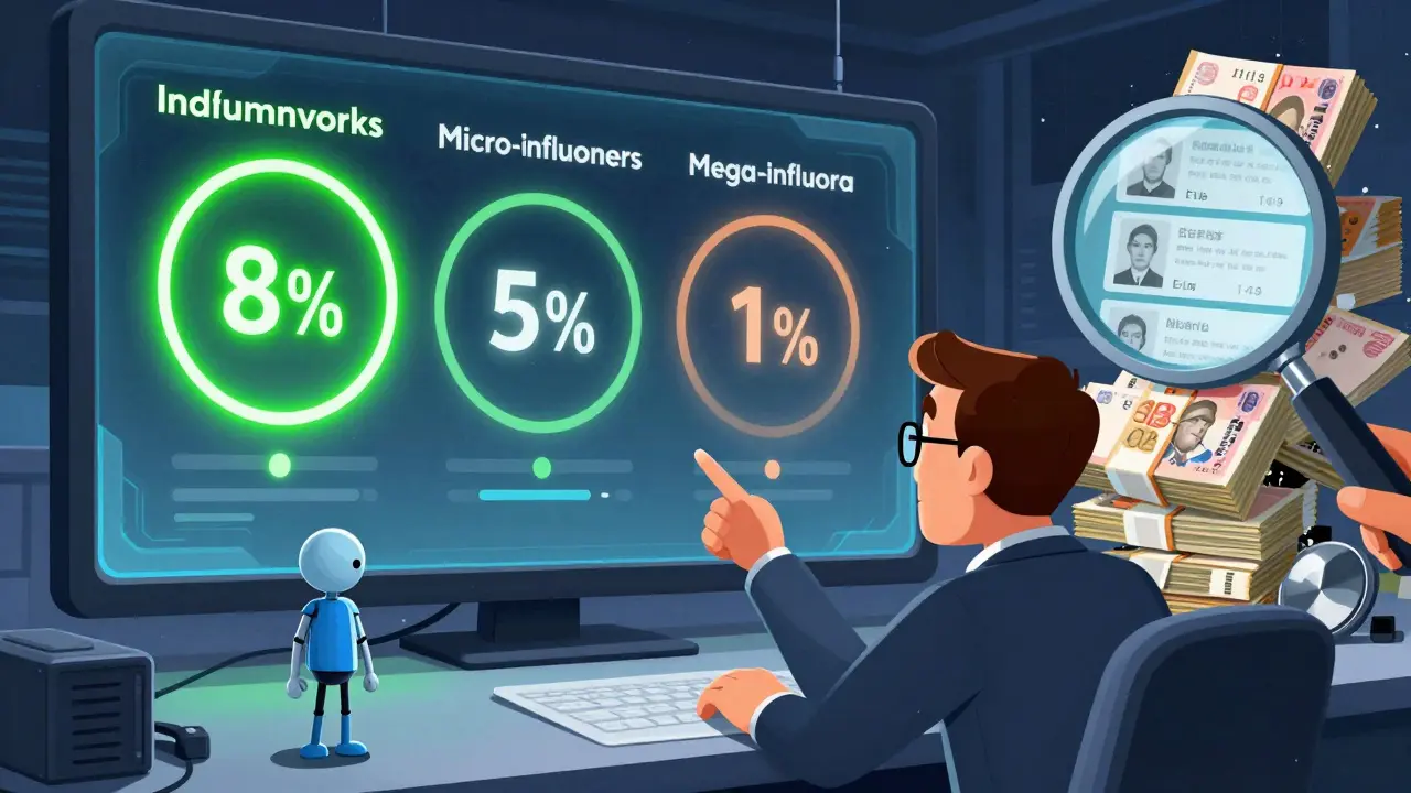Сравнение влияния блогеров разных размеров: нано-блогер с высокой вовлеченностью против мегаблогера с низкой, на фоне фейковых подписчиков.
