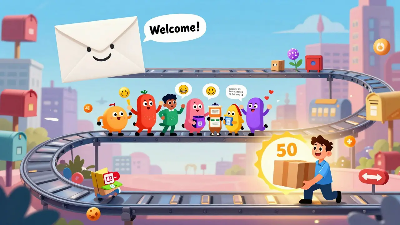 Три письма на волшебной ленте: приветствие, история команды и скидка — все в ярком мультяшном стиле.