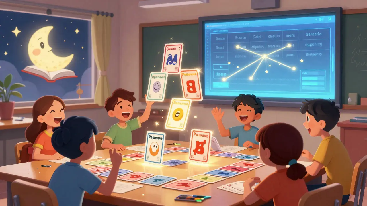 Ученики играют в карточную игру, собирая структуру текста из крупных карточек.