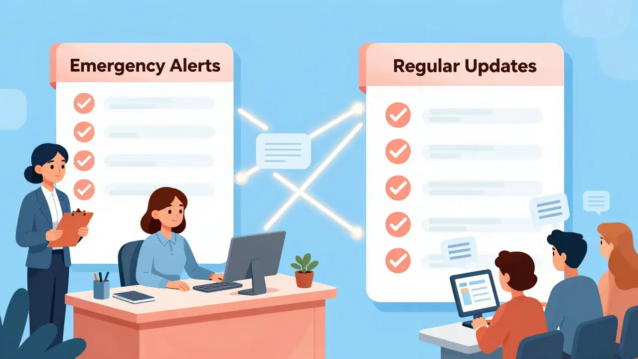 Учительница показывает двум разным спискам рассылок: для экстренных сообщений и обычных уведомлений.