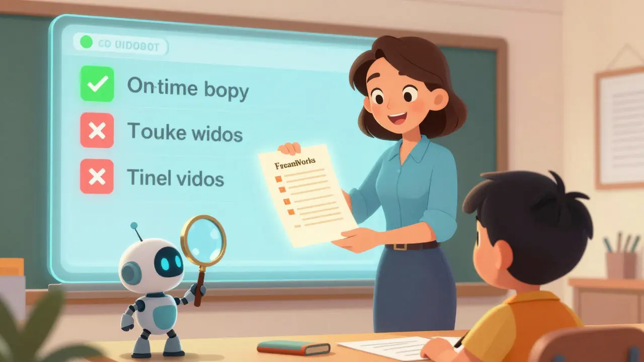 Внештатный преподаватель вручает ученику отчёт с зелёными метриками, а за спиной — панель с реальными показателями.