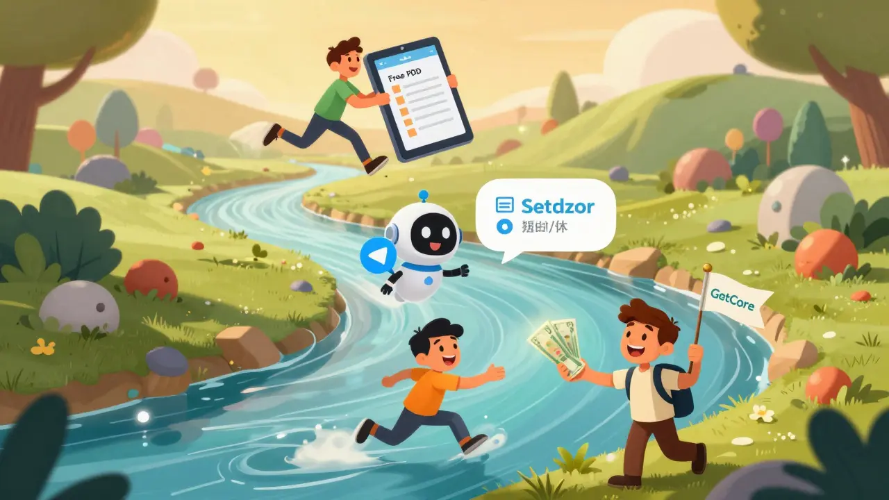 Волшебная воронка продаж: бесплатный чек-лист → чат-бот → покупка, с яркими персонажами в стиле DreamWorks.