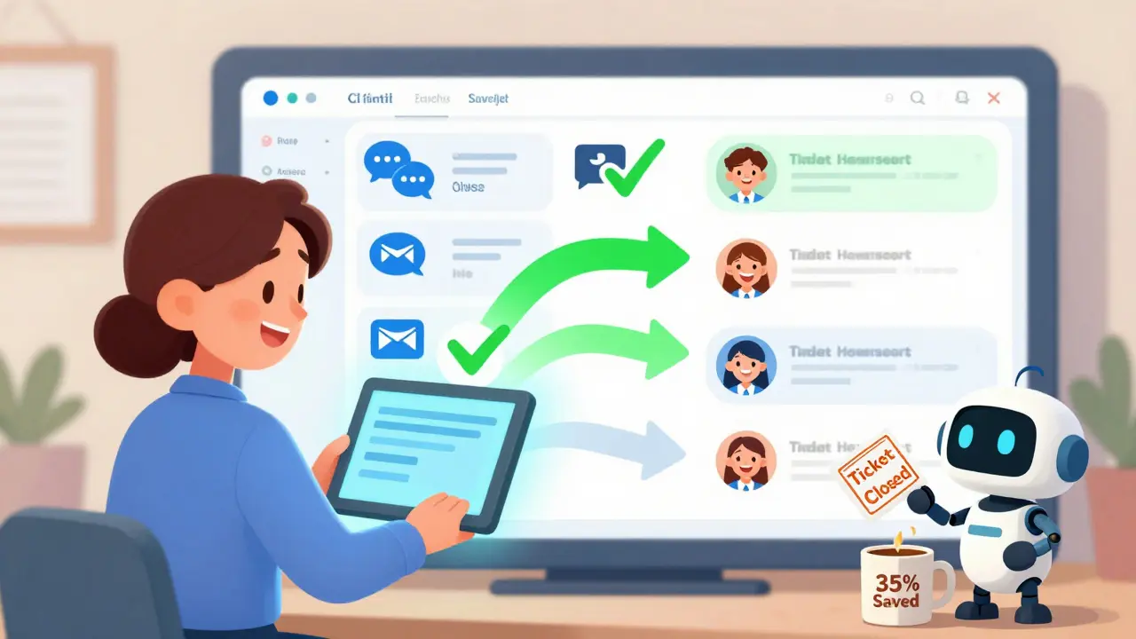 Администратор смотрит на умную панель управления helpdesk, где все запросы объединены и автоматизированы.