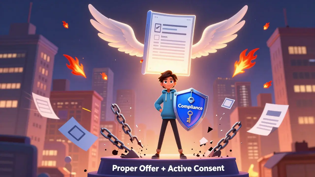 Цифровой продукт в полете, избегающий штрафов, под защитой правильной оферты и активного согласия.
