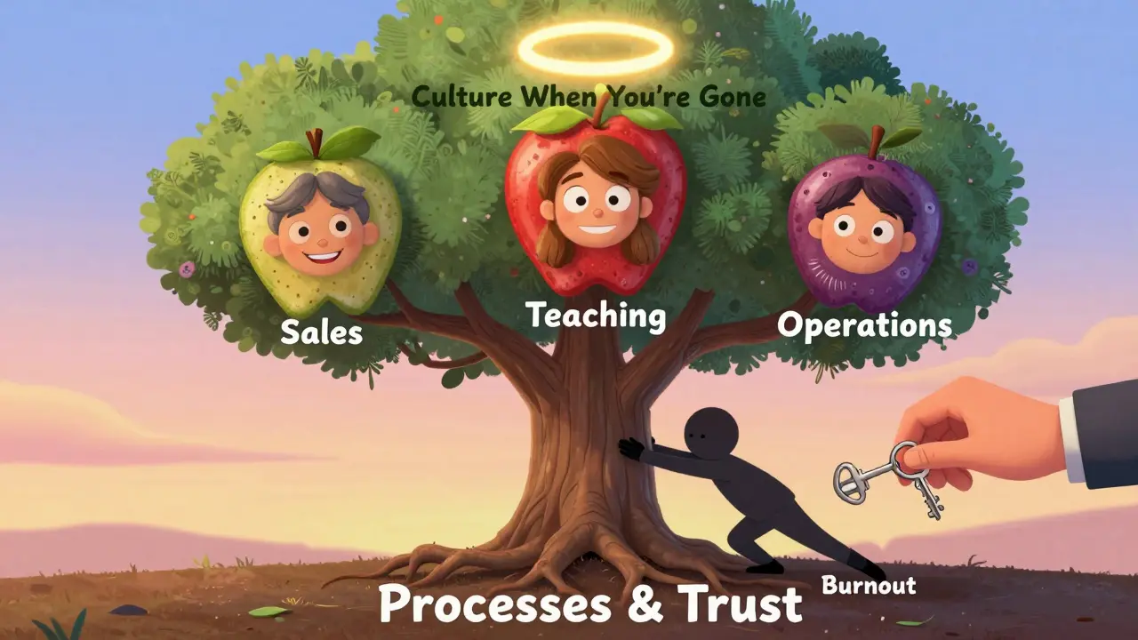 Дерево роста школы с ветвями продаж, преподавания и операций, корни — доверие, тень выгорания уходит.