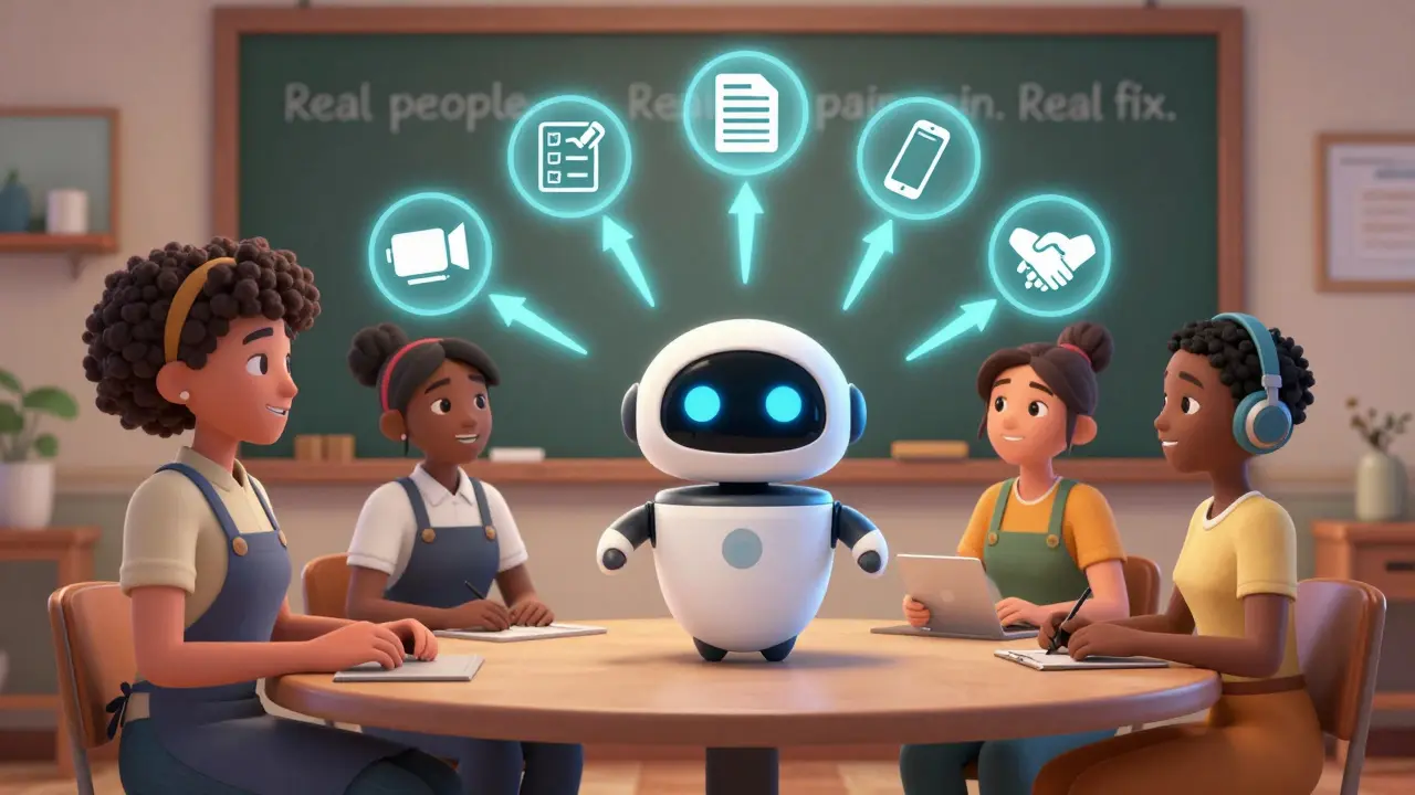 Дружелюбный чатбот показывает шесть простых шагов группе реальных клиентов за столом.