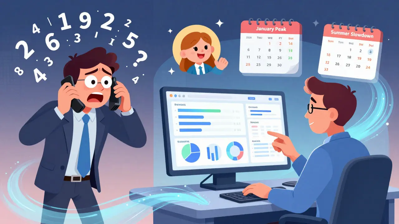 Два менеджера: один в хаосе звонков, другой — с CRM-панелью и сезонными метками.