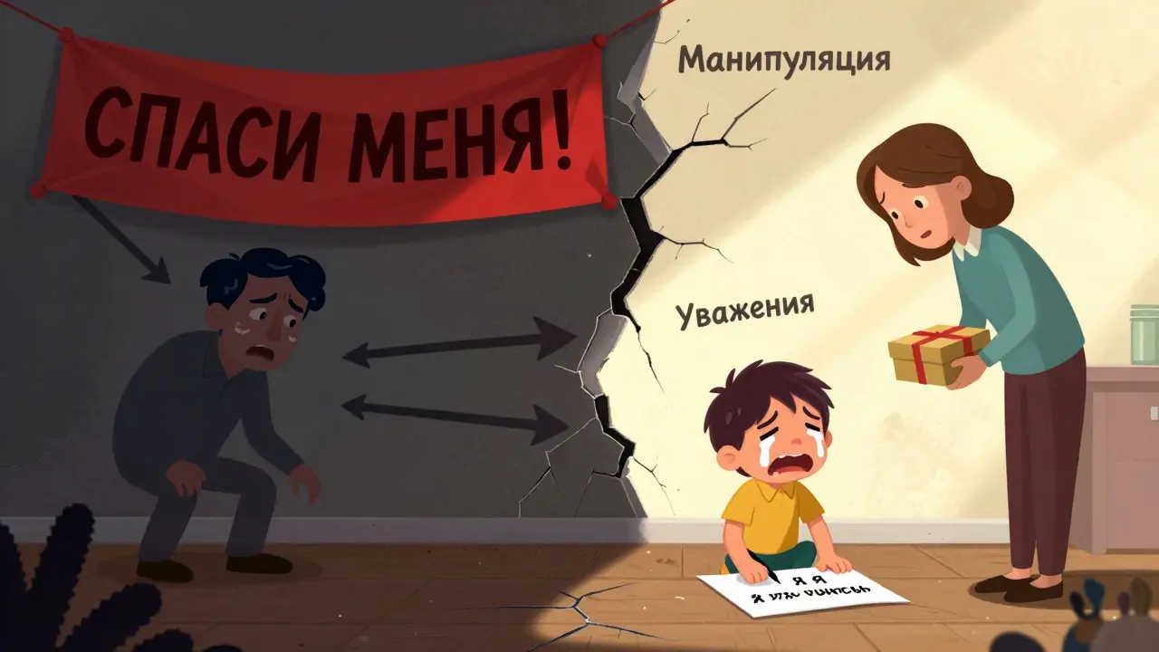 Контраст: слева — манипулятивная сцена с плачущим ребенком, справа — ребенок пишет 'Я хочу учиться' в светлом пространстве.