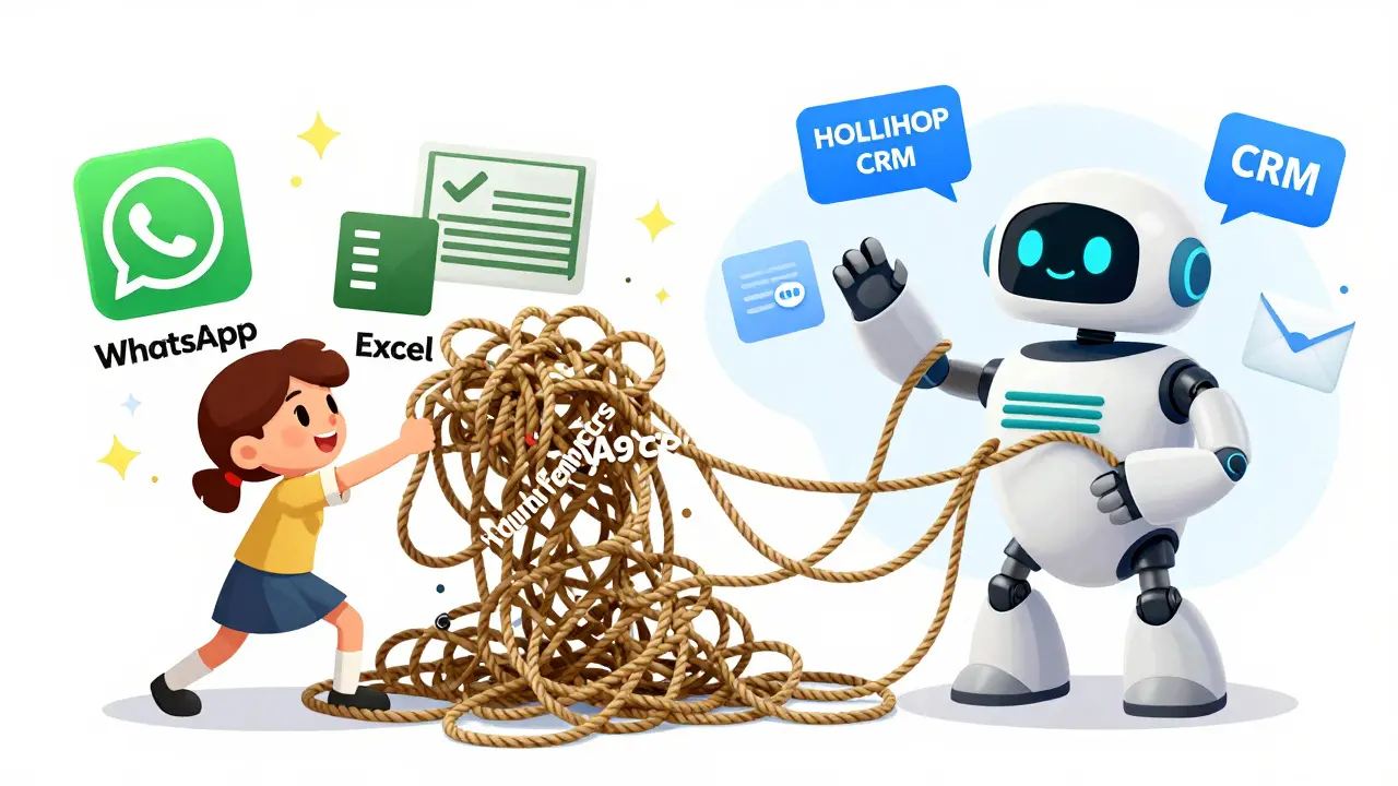 Маленький владелец школы борется с хаосом, а дружелюбный робот CRM чинит всё магическими искрами.