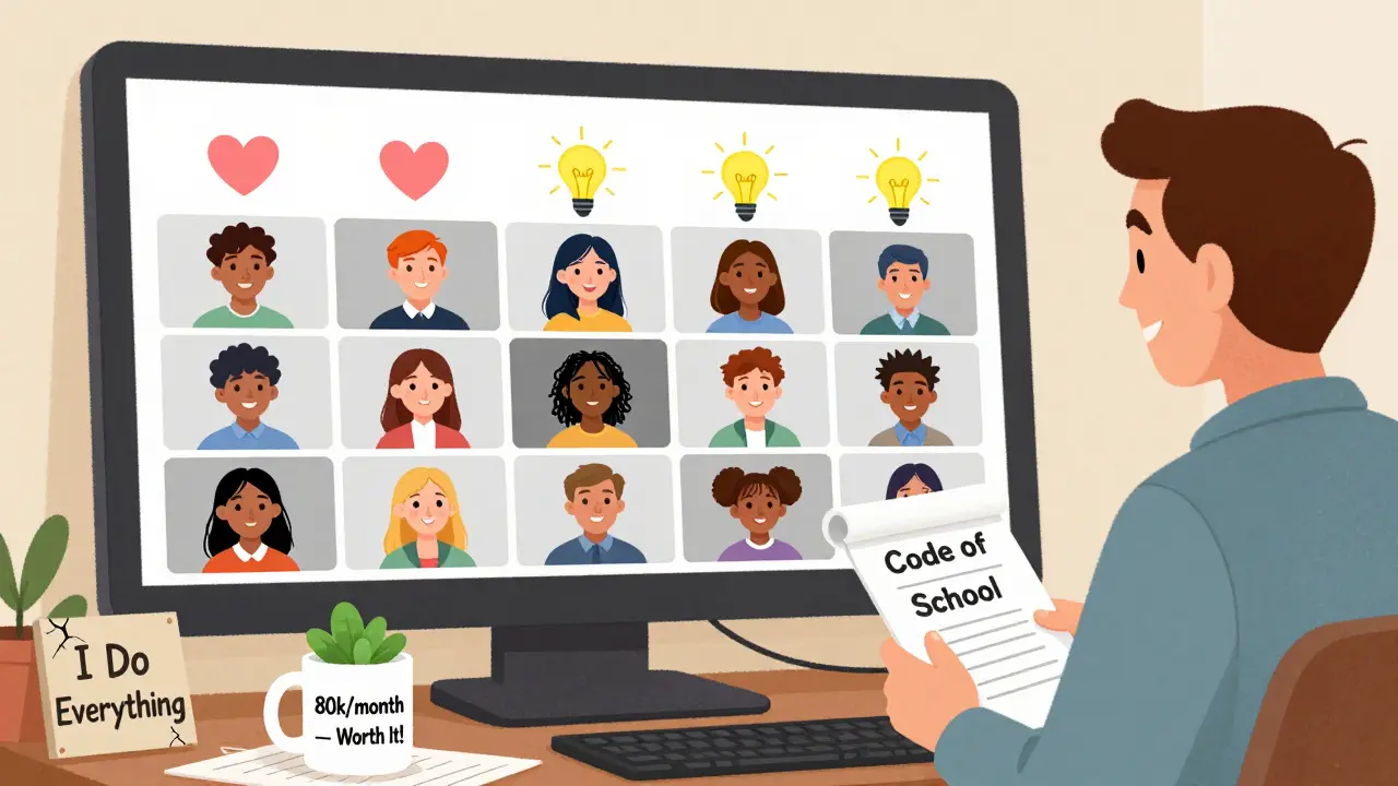 Новый преподаватель ведет онлайн-урок, наставник наблюдает, студенты улыбаются под светом понимания.