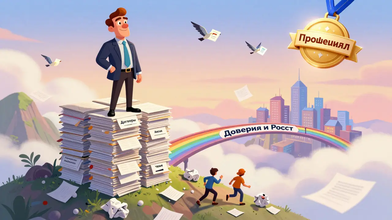 Основатель школы стоит на горе документов, ведущей к городу доверия, в стиле мультфильма.