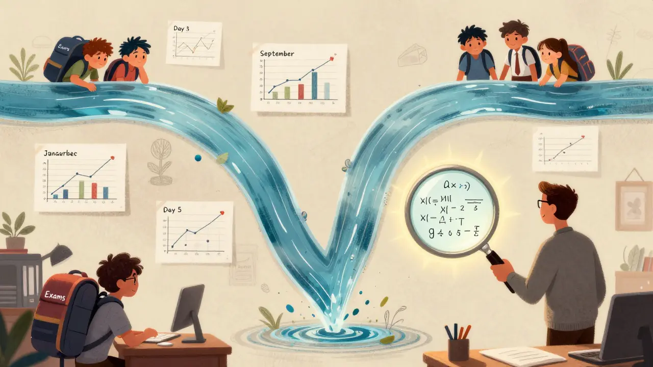 Плавающие графики в виде рек, показывающие отток учеников в январе и устойчивость в сентябре, учитель анализирует данные.