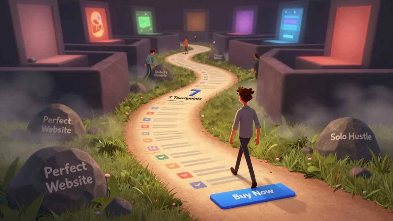 Путь к продаже через 7 этапов, ведущий от бесплатного чек-листа к кнопке покупки.