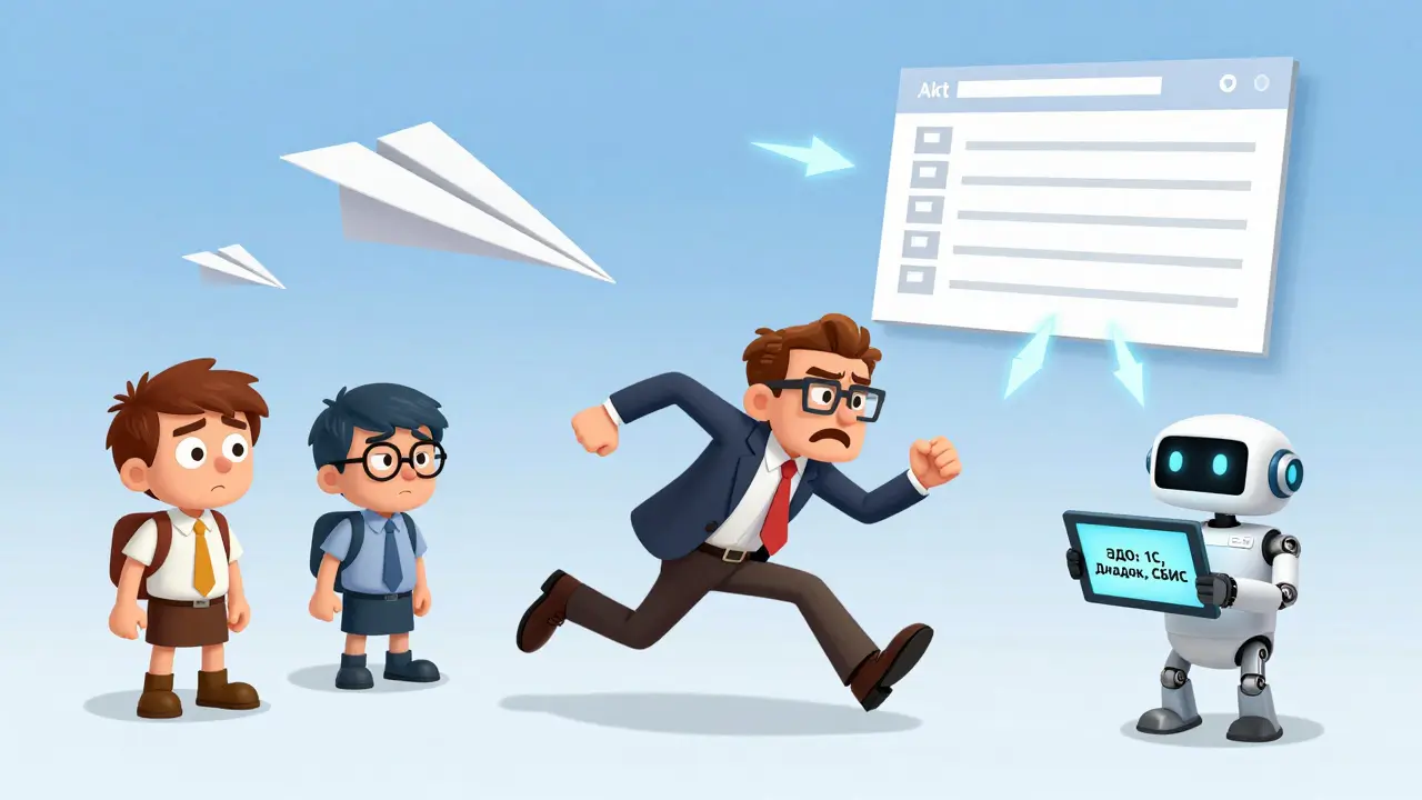 Раздраженный владелец школы гонится за летящим актом, пока робот показывает цифровое решение.